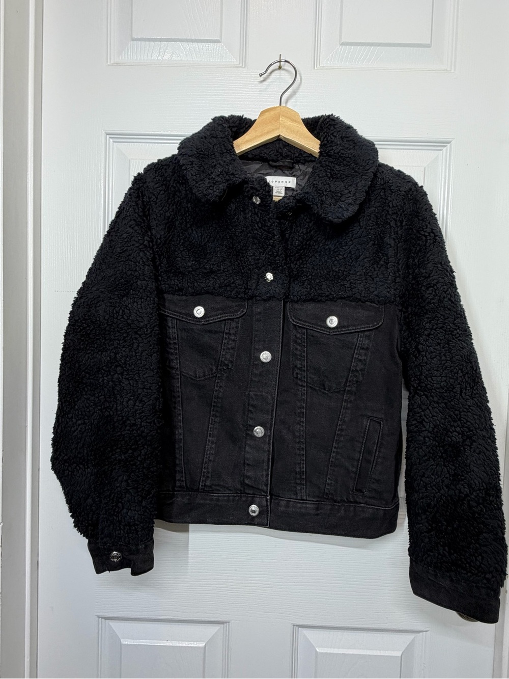 Topshop Black Sherpa Denim Moto Jacket